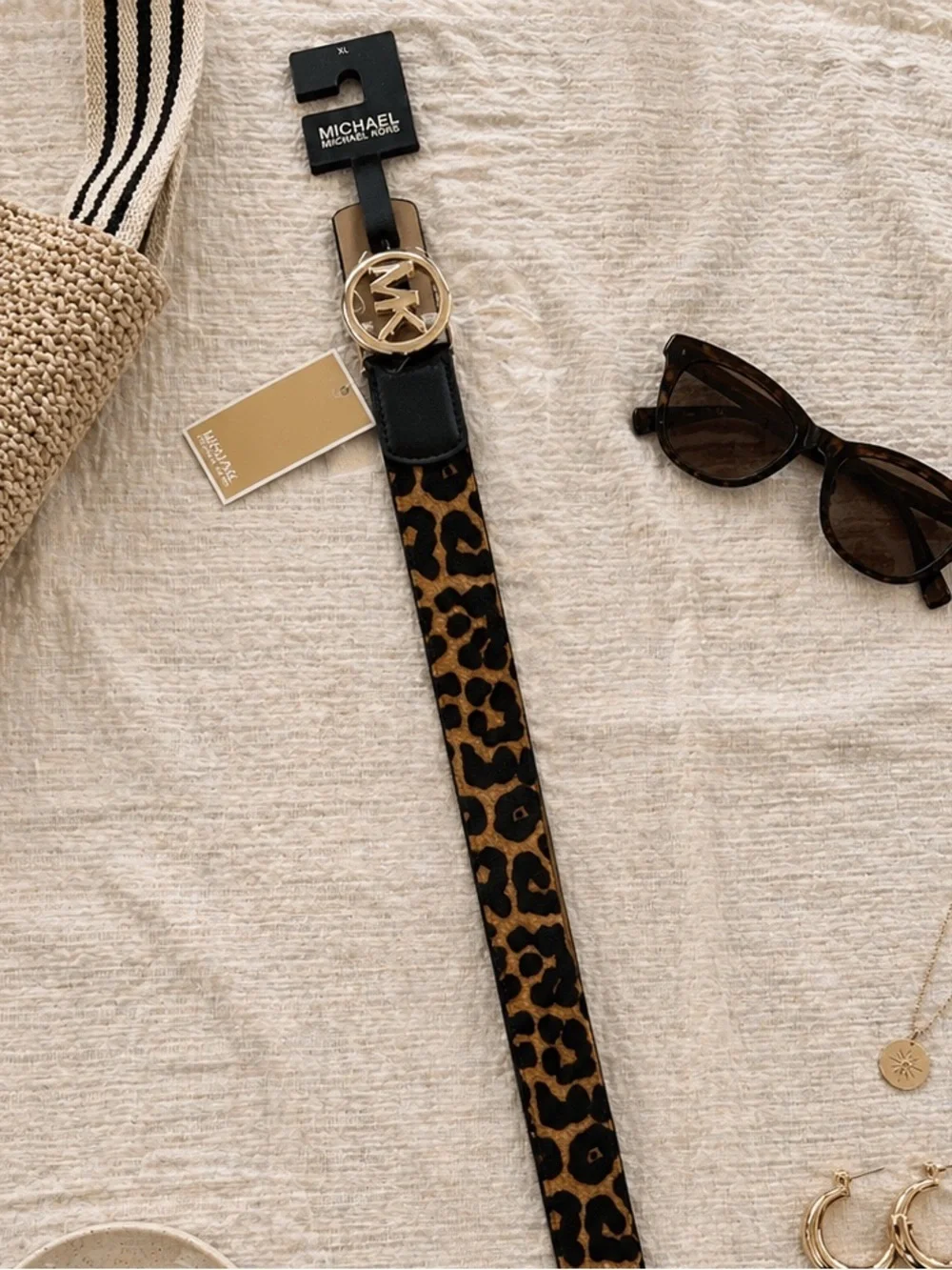 Michael Kors Haircalf Leopard Belt XL NWT Gold MK Buckle Leather
